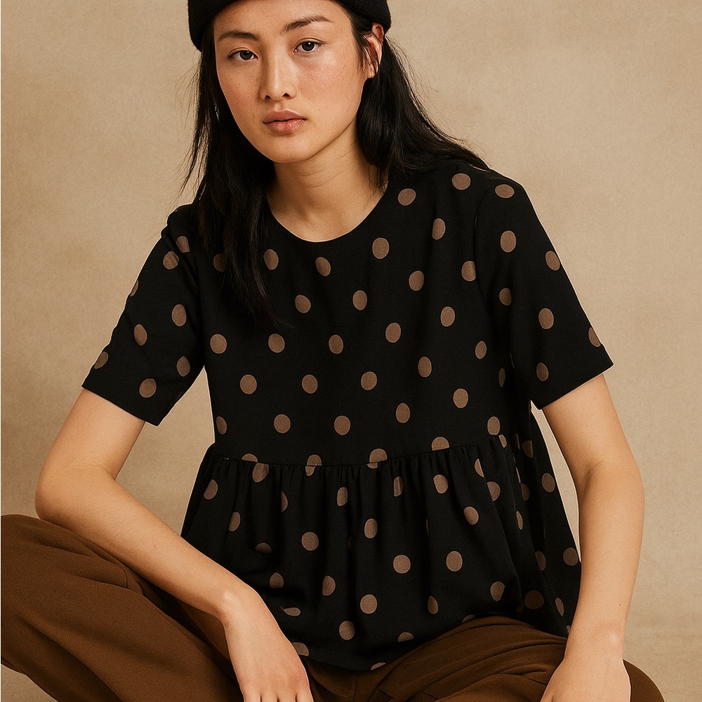 Zara Black Tan Polkadot Babydoll Short Sleeve Blouse Size Small